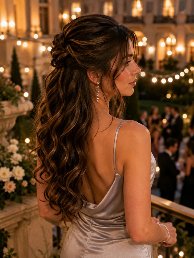 Twisted half-up prom hairstyle for long hair on a rooftop at dusk