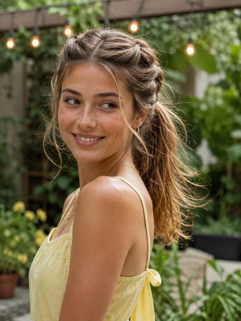 Woman with a twisted ponytail summer hairstyle in a garden setting