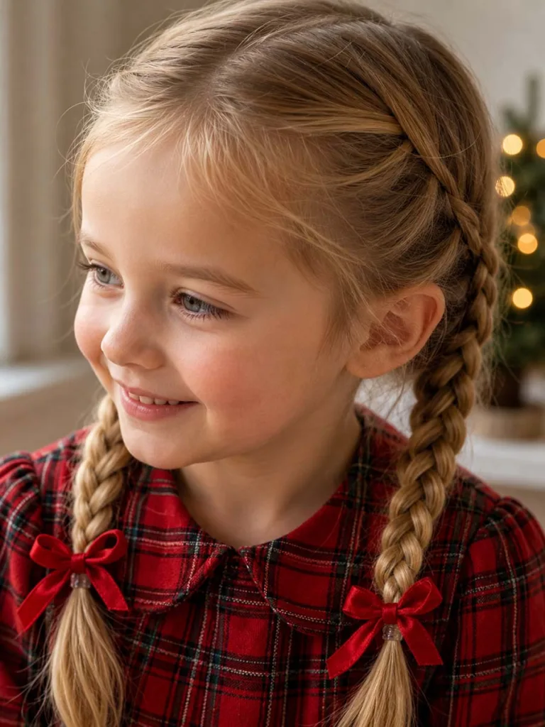 Close-up of two braided pigtails christmas hairstyle with red bows on a young girl