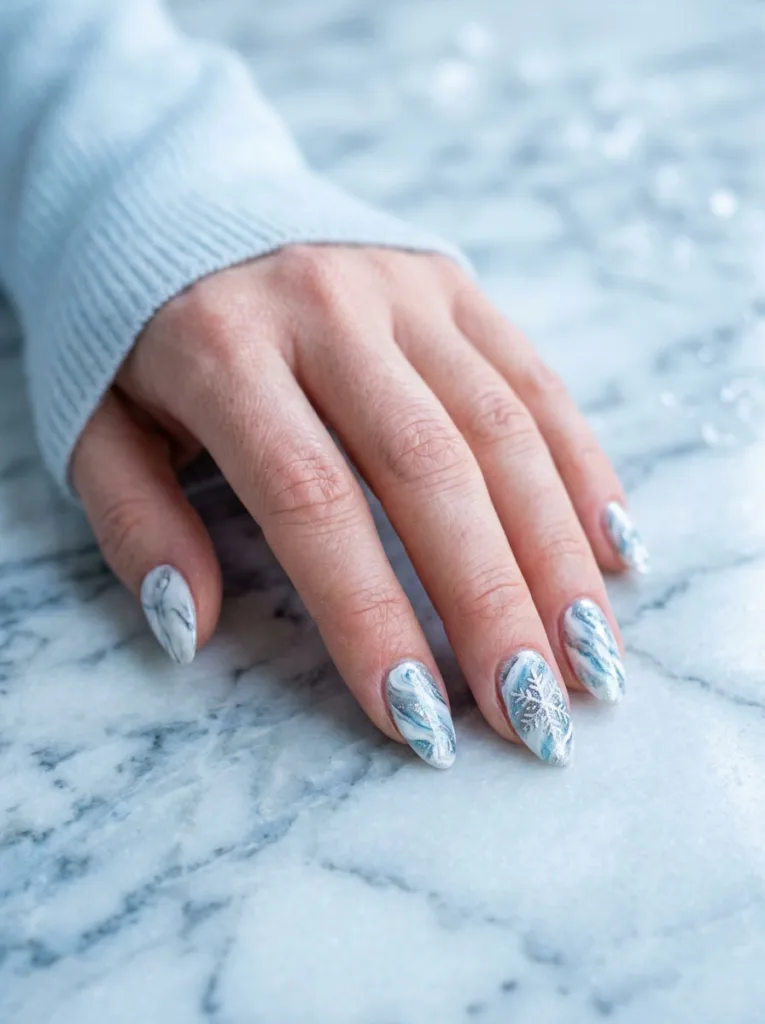 Fair-skinned hand flat on a marble counter showing white and icy blue marble snowflake christmas nails.