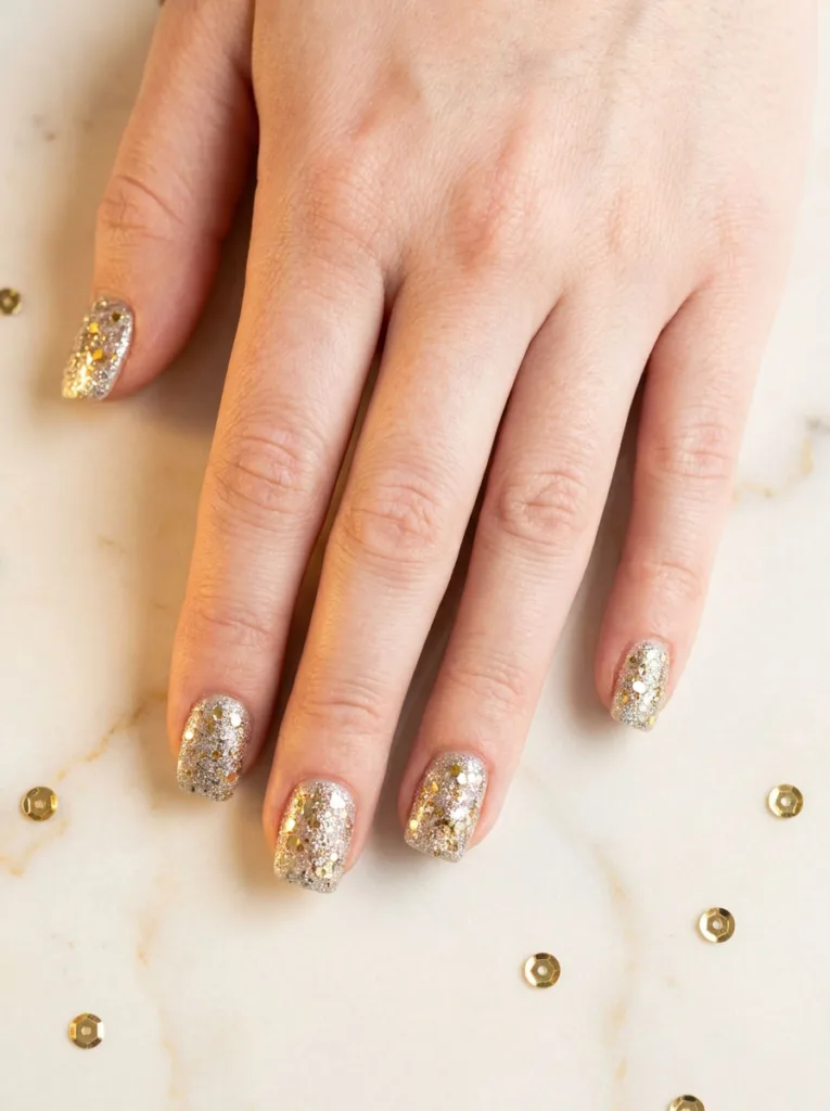 Two-tone silver and gold glitter stack new years nails