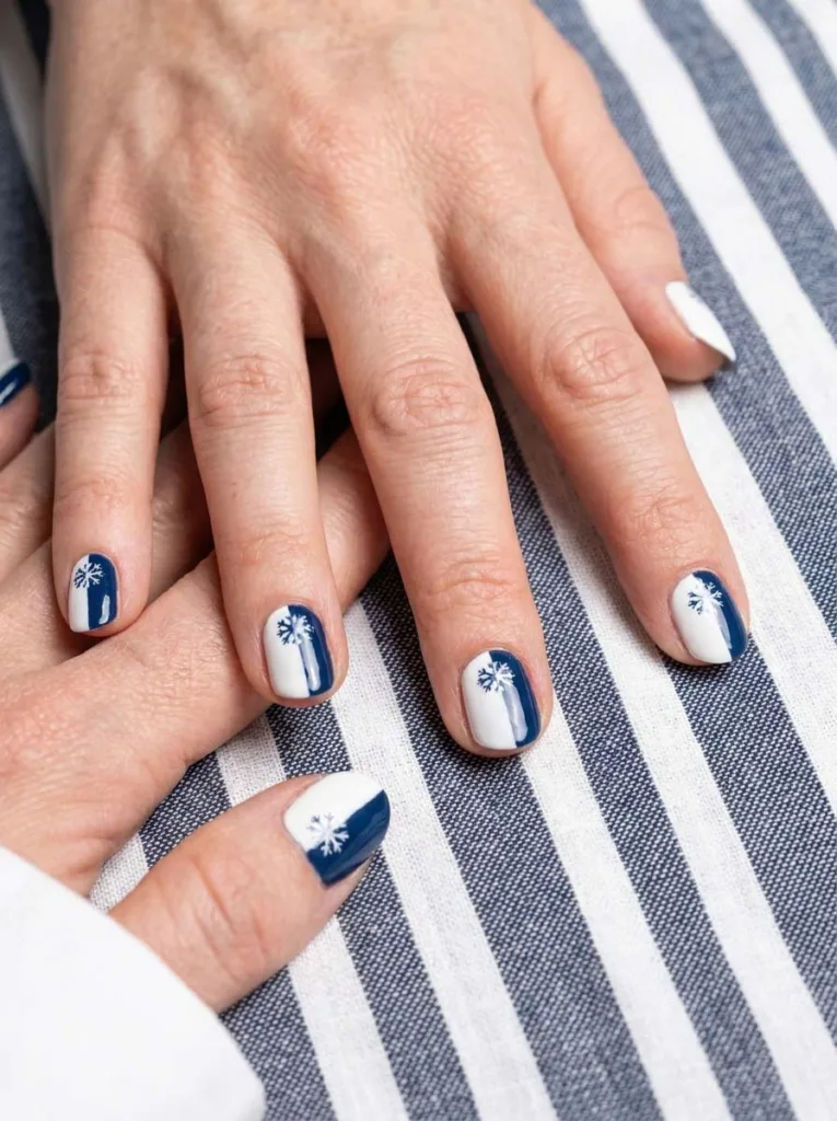 Fair-skinned hand flat on linen fabric showing navy and white snowflake christmas nails.