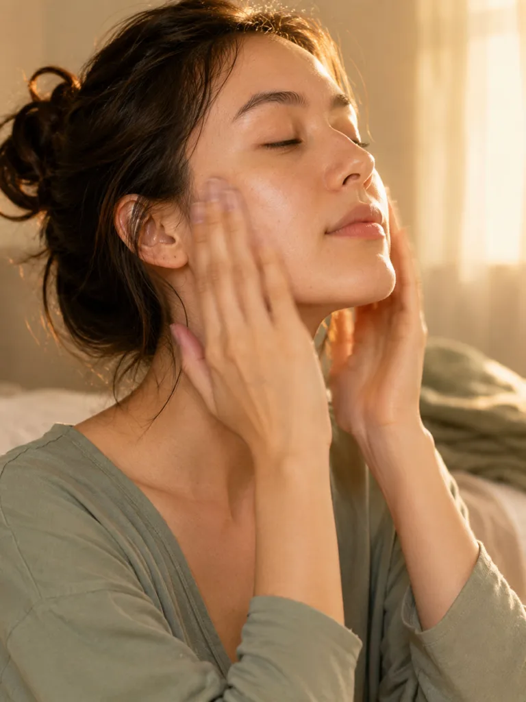 Woman performing an upward facial massage along her jawline and cheeks