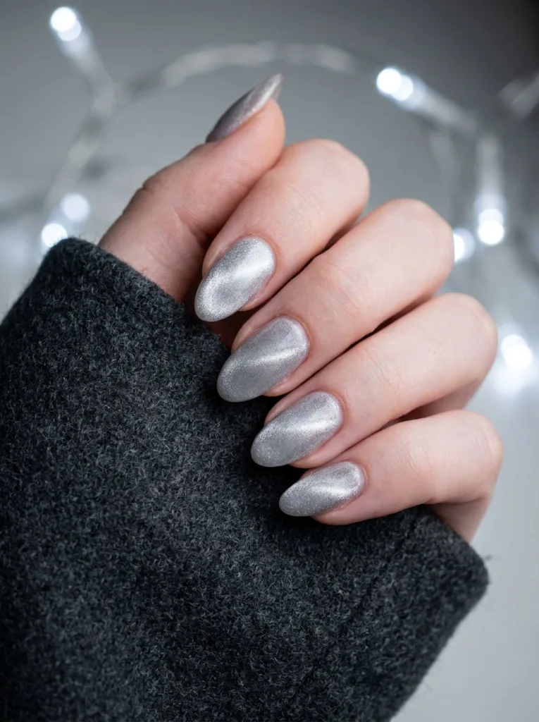 Velvet cat-eye silver new years nails with brushed metal shimmer