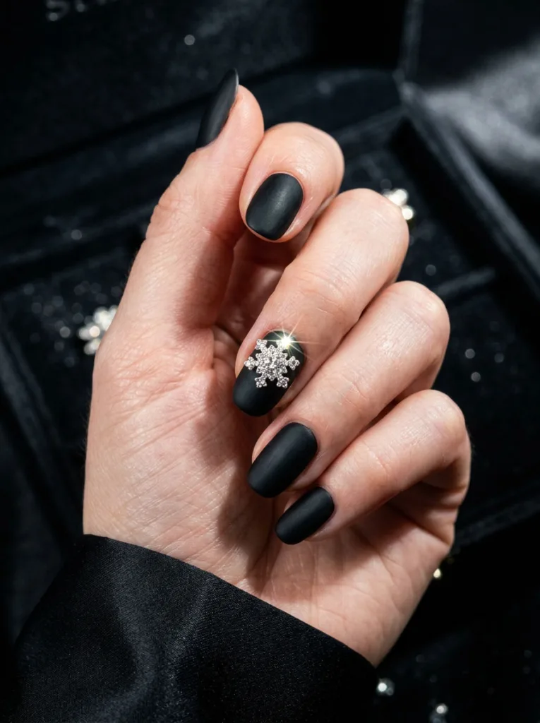 Fair-skinned hand posed elegantly showing velvet black snowflake christmas nails with a crystal charm.