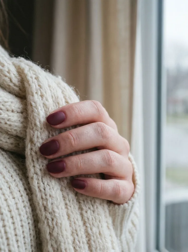 Hand with matte burgundy nails holding a knit scarf