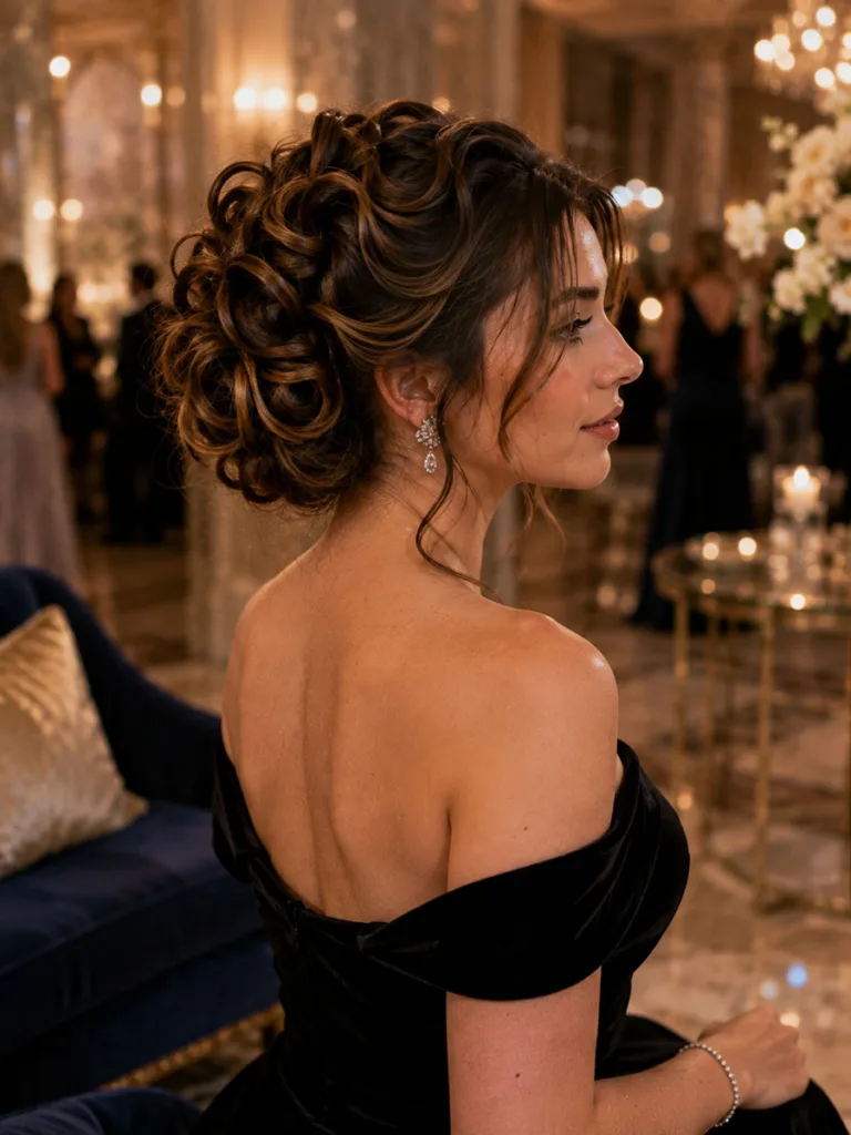 Vintage pin curl updo prom hairstyle for long hair, glamour portrait