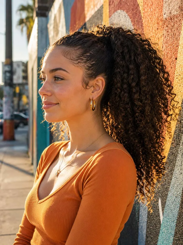 Woman with a curly high ponytail summer hairstyle in the city