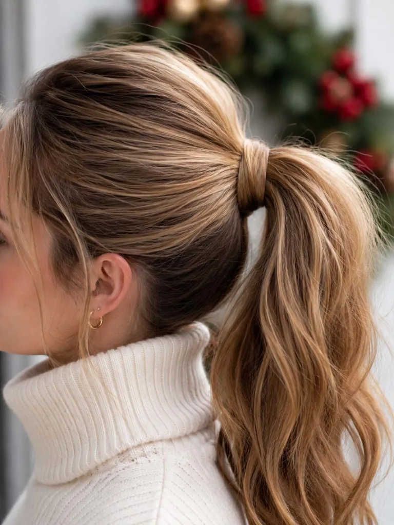 Close-up of a voluminous ponytail christmas hairstyle