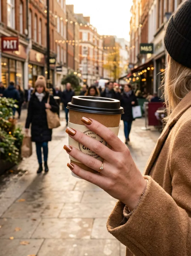 Fair-skinned hand with warm caramel chrome square winter nails holding a to-go coffee cup outdoors