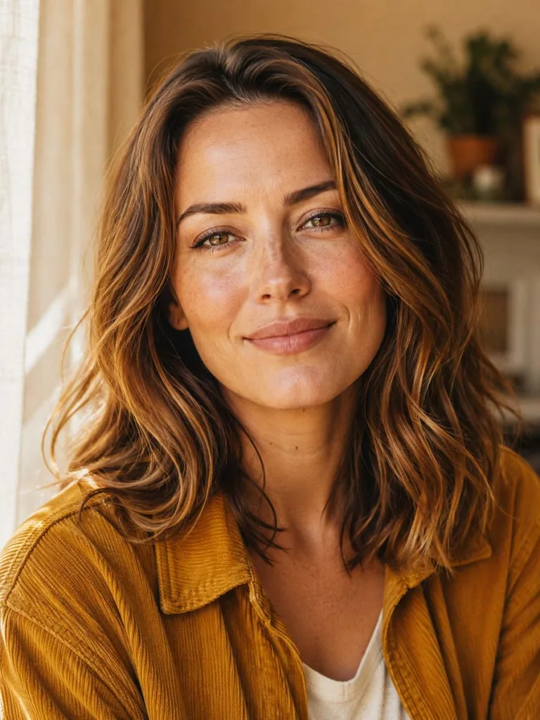 Fair warm undertone skin matched with caramel and cinnamon brunette balayage