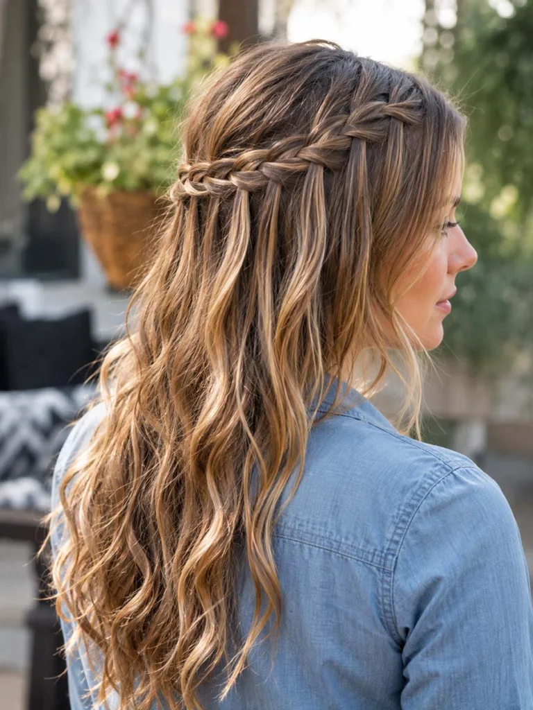 Woman with a waterfall braid hairstyle and loose cascading long hair