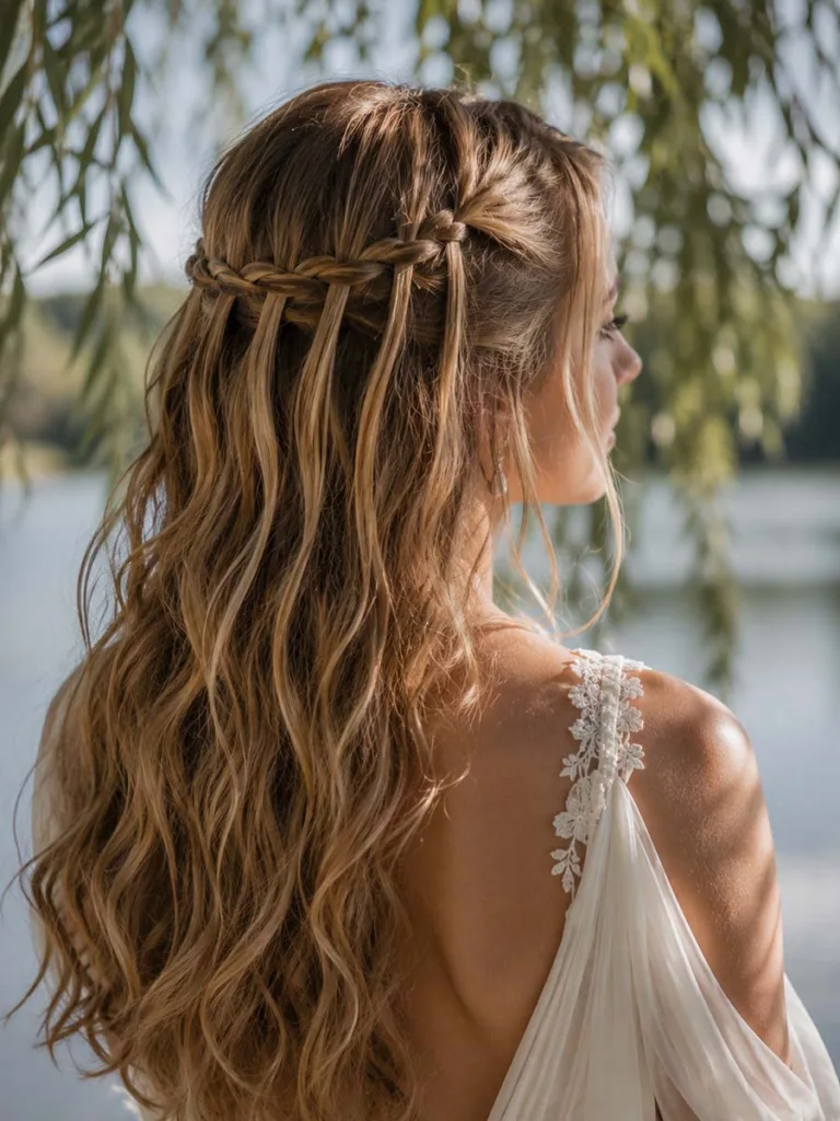 Waterfall braid half up hairstyle with cascading strands for a romantic wedding