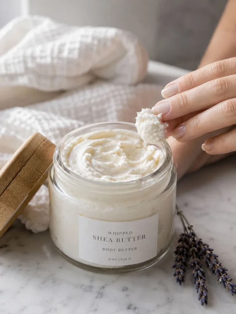 Whipped shea butter body butter recipe for dry skin in a glass jar