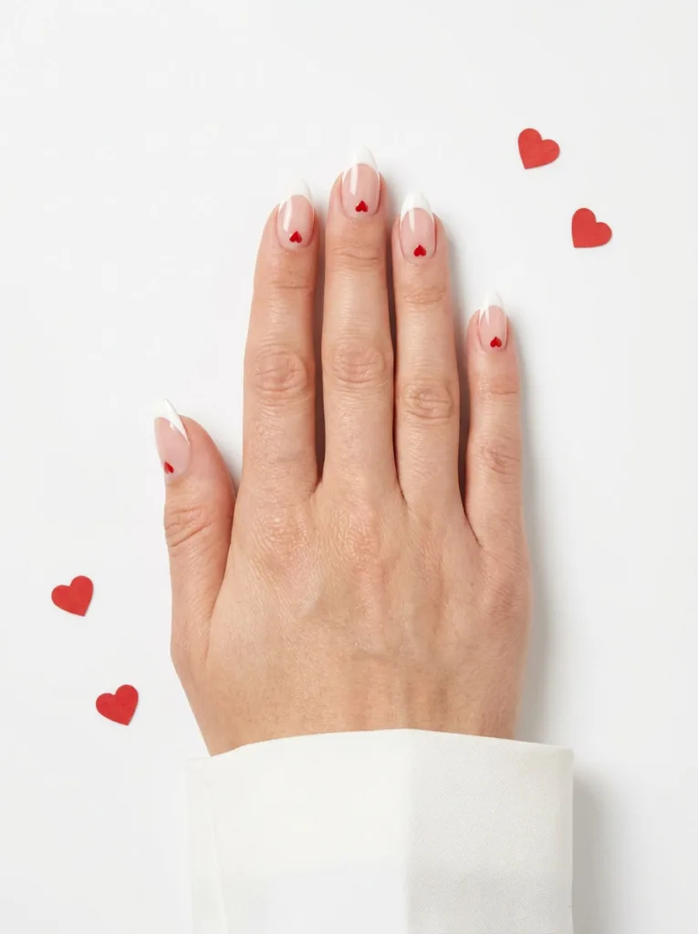 Fair-skinned hand with white french tip almond nails and red heart accents