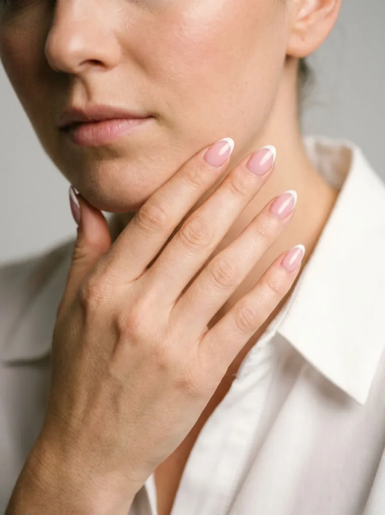 Fair-skinned model touching her jawline showing a white tip French manicure