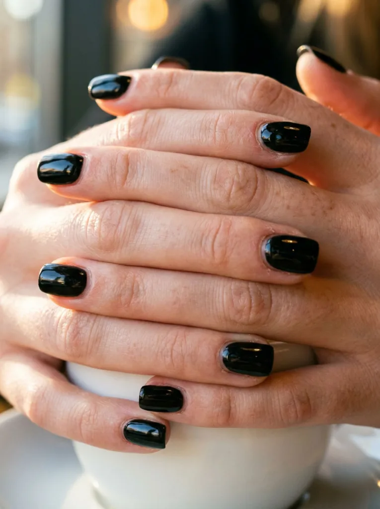 Close-up of a hand wrapped around a coffee cup, glossy black manicure