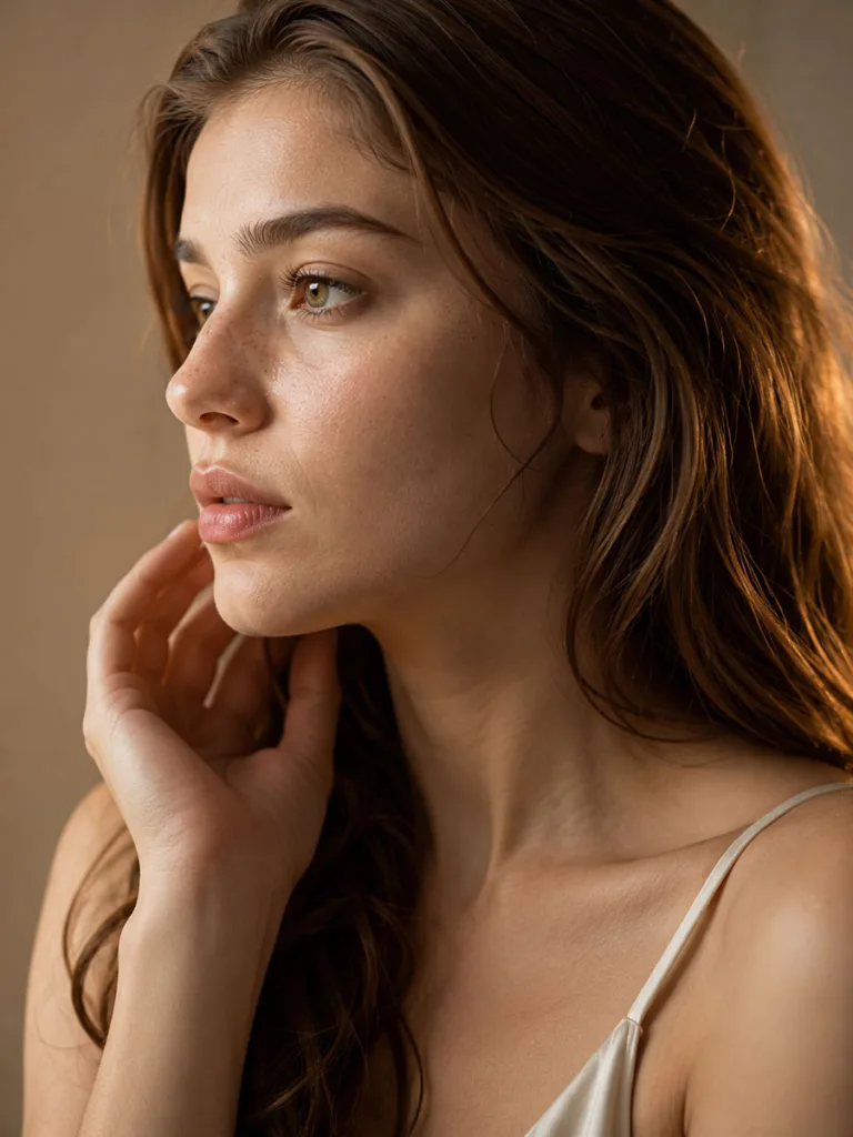 Close-up portrait showing early signs of skin aging on a woman's face in her 20s