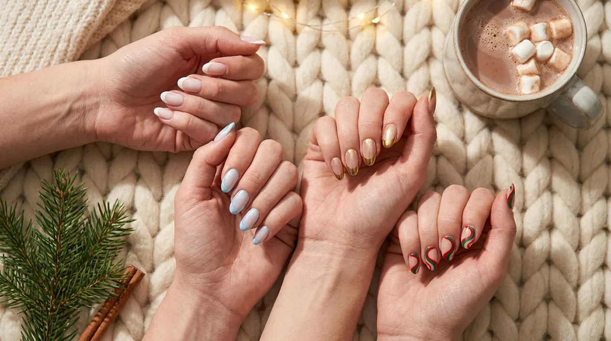 Four winter French tip nail designs shown together in a cozy flat-lay with hot cocoa and pine branches
