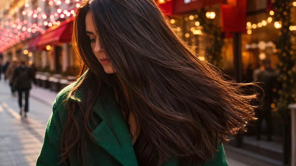 Woman with glossy espresso brown winter hair color walking through a festive city street