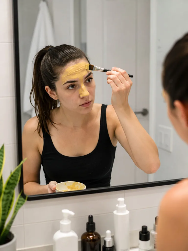 Young woman applying a homemade turmeric and besan face mask to control oily skin in front of a bathroom mirror