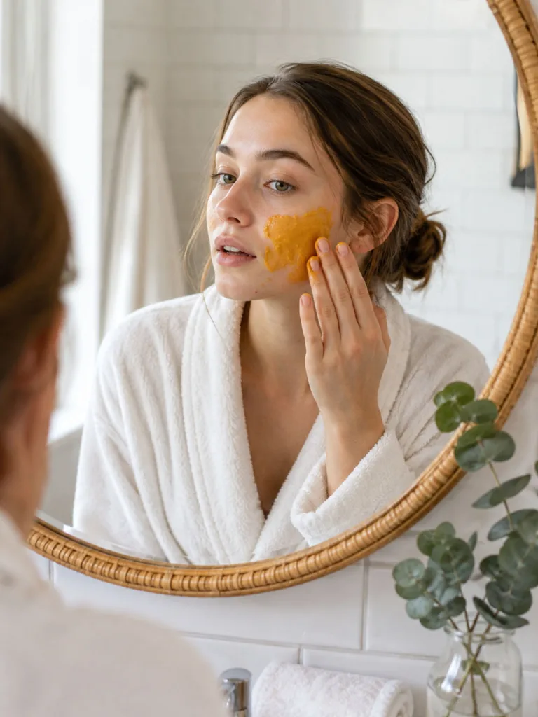 Young woman applying a homemade turmeric and honey face mask with her fingertips in a bright bathroom