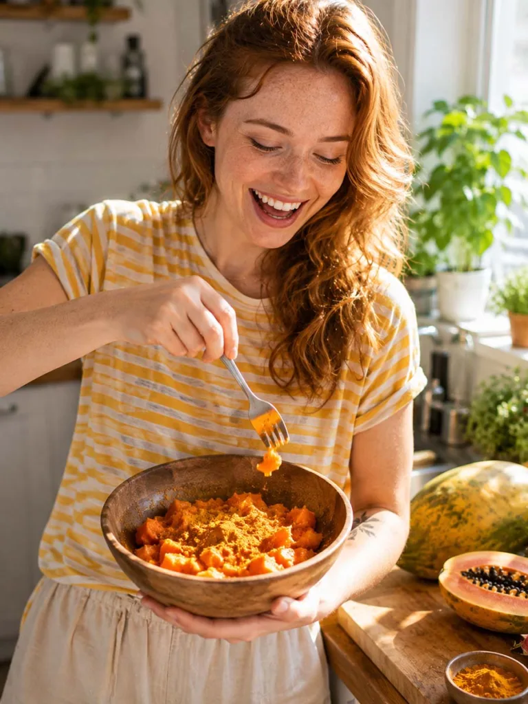 Young woman applying a homemade turmeric and papaya face mask while standing in a sunlit kitchen