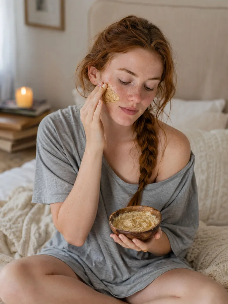Young woman with fair, sensitive skin gently applying a homemade turmeric oatmeal face mask in a cozy bedroom