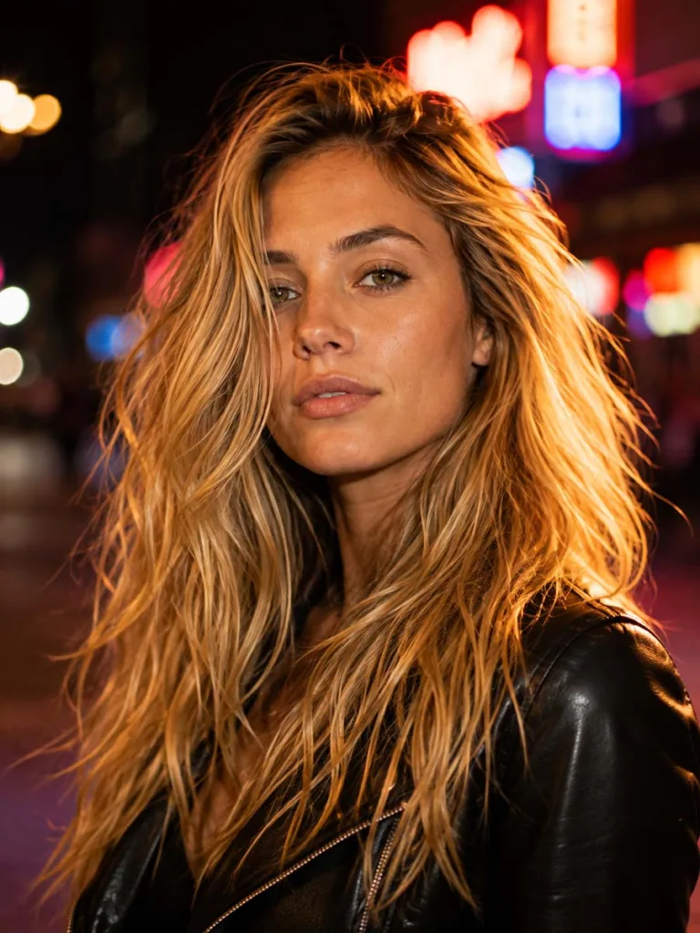 Woman with bold yellow gold blonde fall hair color under urban night lighting