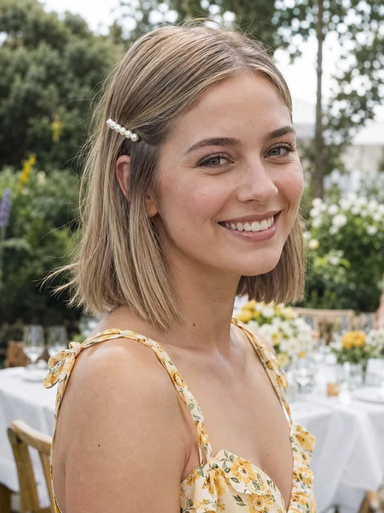 Accessorized bob hairstyle with a pearl clip, garden brunch wedding setting