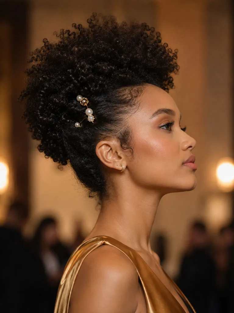 Afro updo with pearl and gold clips, full natural volume at the crown