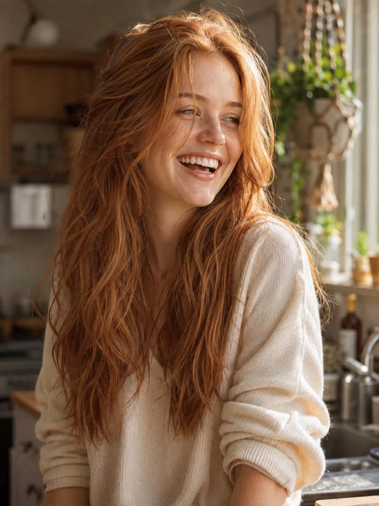 Woman with gentle blonde-friendly apricot red hair laughing in a sunlit kitchen