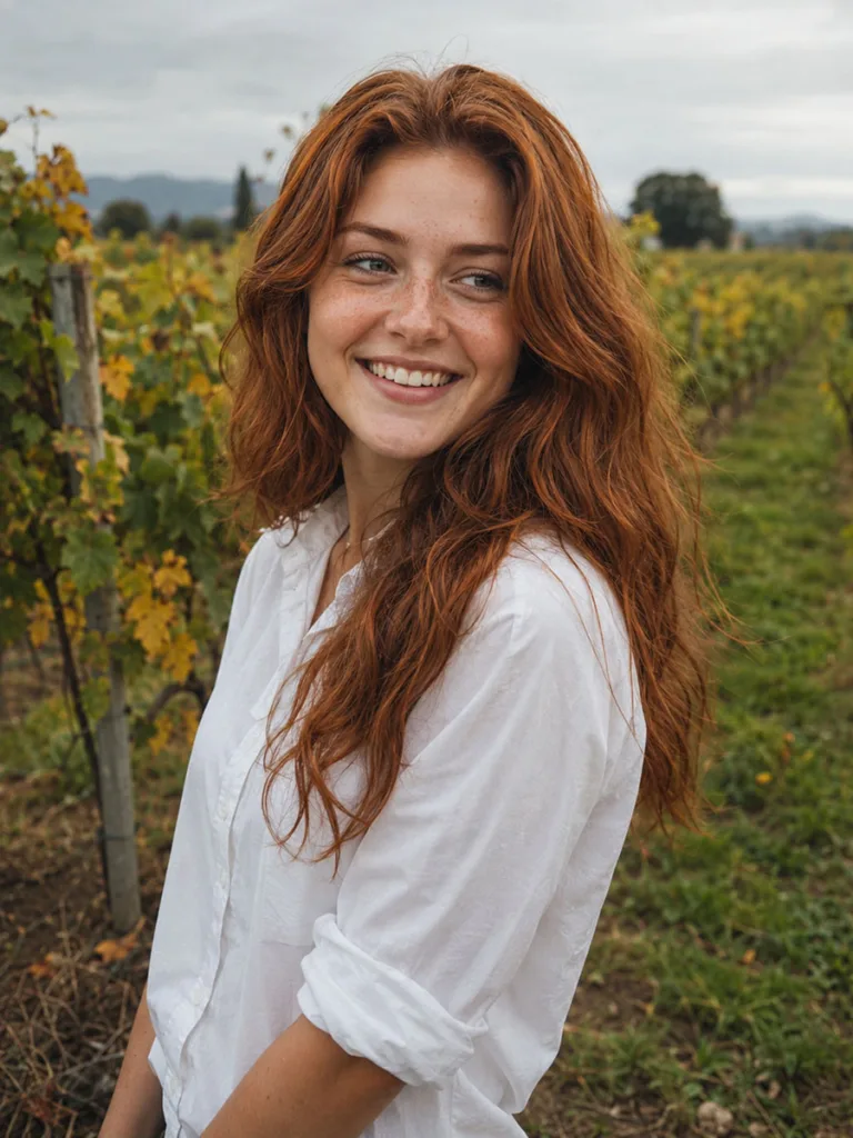 Woman with rich auburn hair standing among autumn vineyard rows