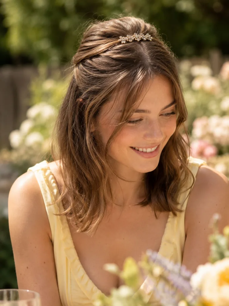 Barrette half-up hairstyle at a semi-formal brunch garden ceremony