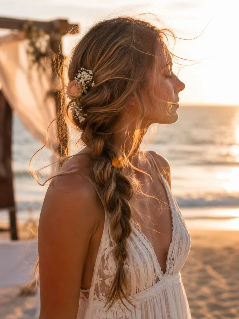 Loose boho braid hairstyle at a beach destination wedding during sunset