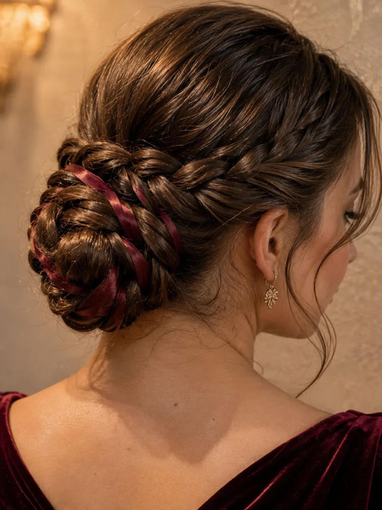 Braided bun prom hairstyle wrapped with a matching ribbon