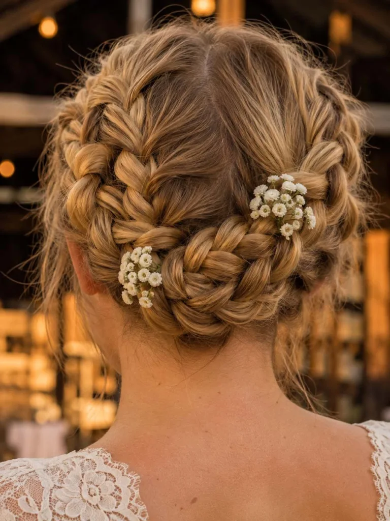 Braided crown hairstyle with small flowers woven in, rustic barn wedding backdrop