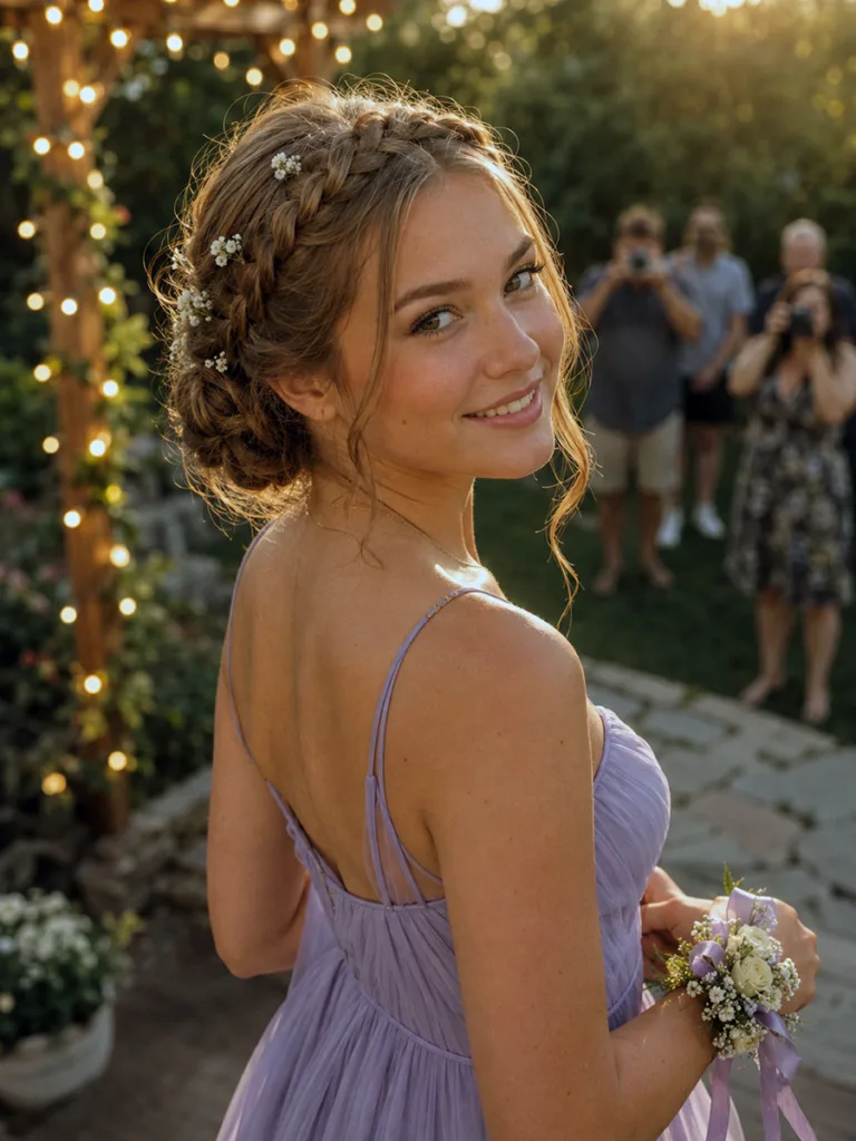 Braided crown updo prom hairstyle with small flowers woven in, photographed outdoors