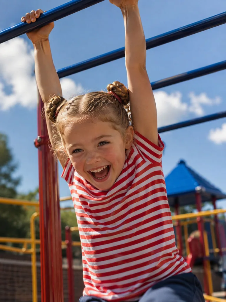 Braided double buns hairstyle for school photographed at a playground