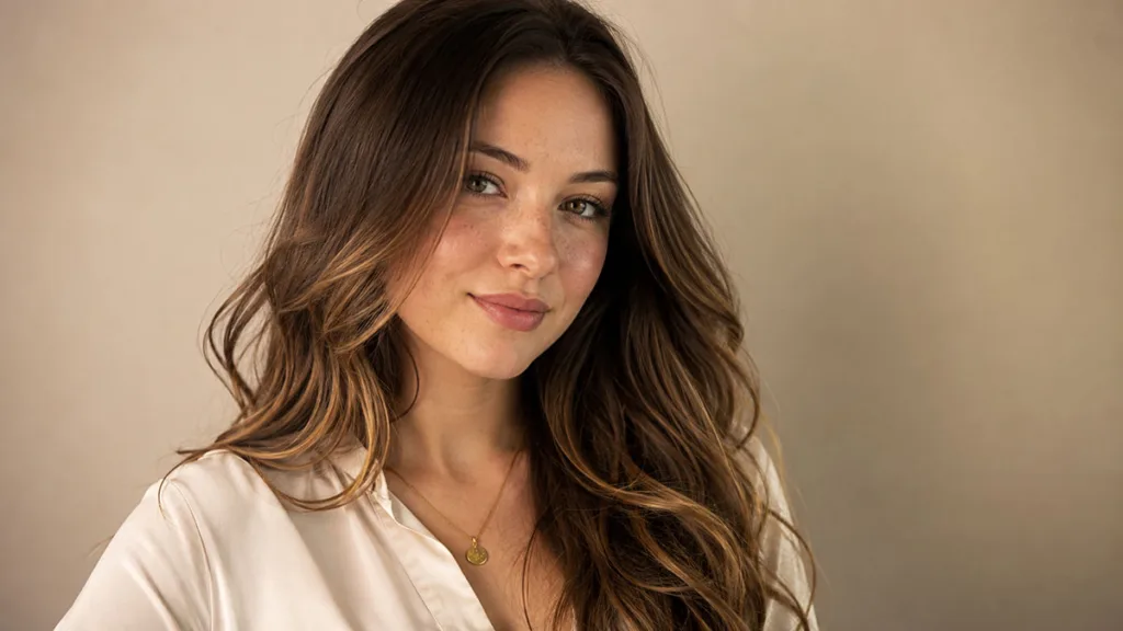 Brunette balayage hair color ideas shown on a young woman's caramel-toned hair