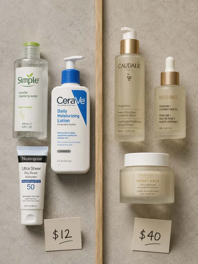 Side-by-side comparison of budget and premium Korean skincare products