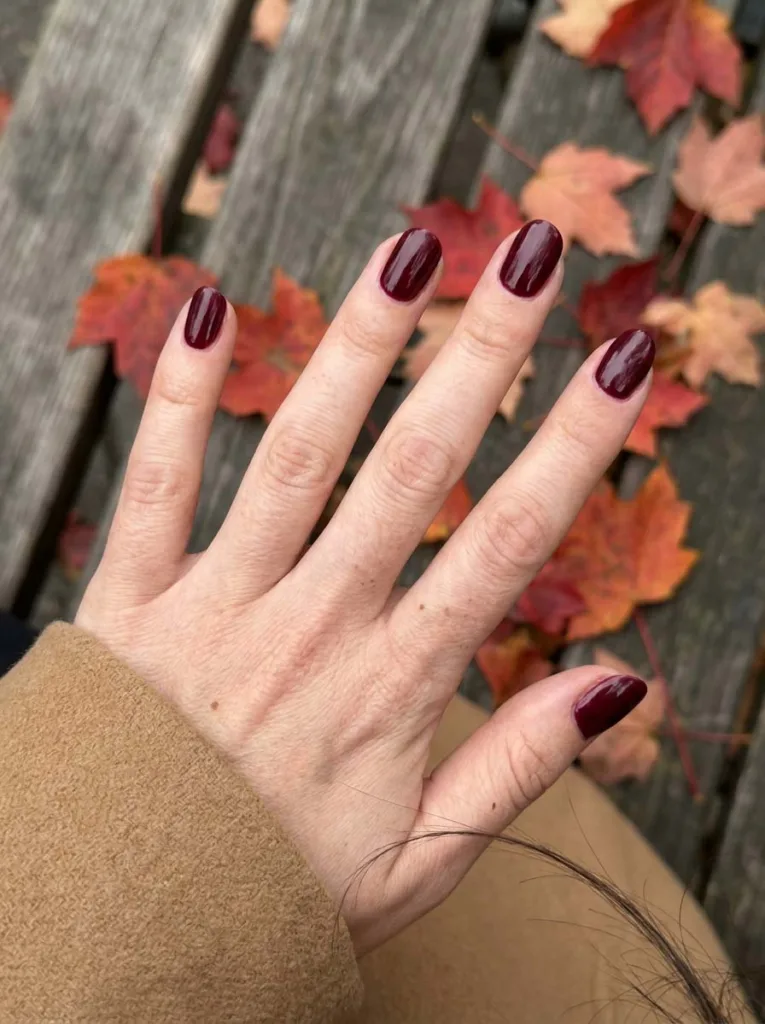 Hand with burgundy nail polish resting among fallen autumn leaves.