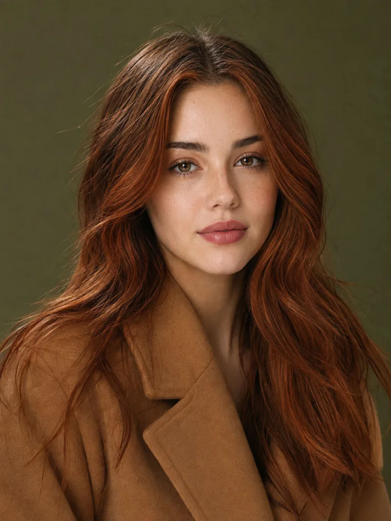 Woman with elegant burnt copper hair color against an olive green studio backdrop