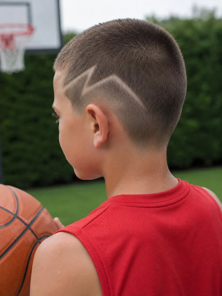 Buzz cut with a shaved design hairstyle for boys shown outdoors