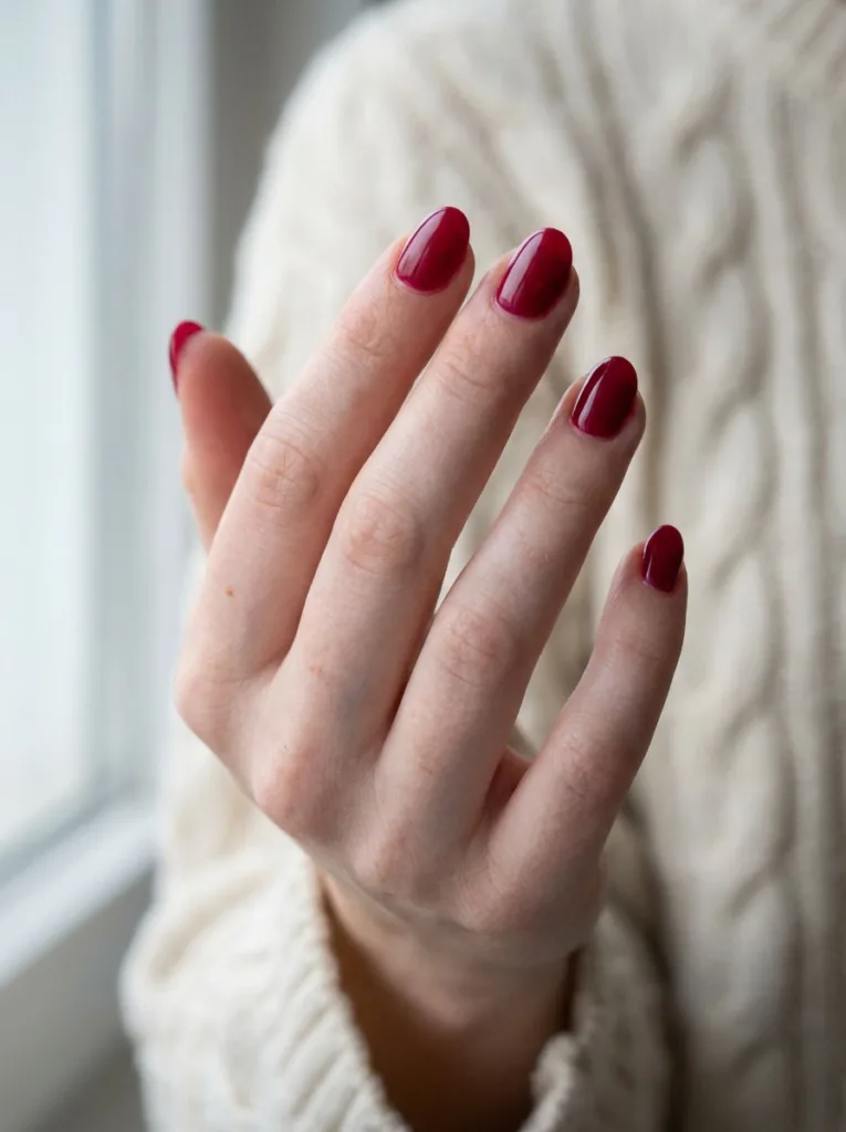 Fair skinned hand with glossy cherry red nail polish resting on a cream knit sweater sleeve.