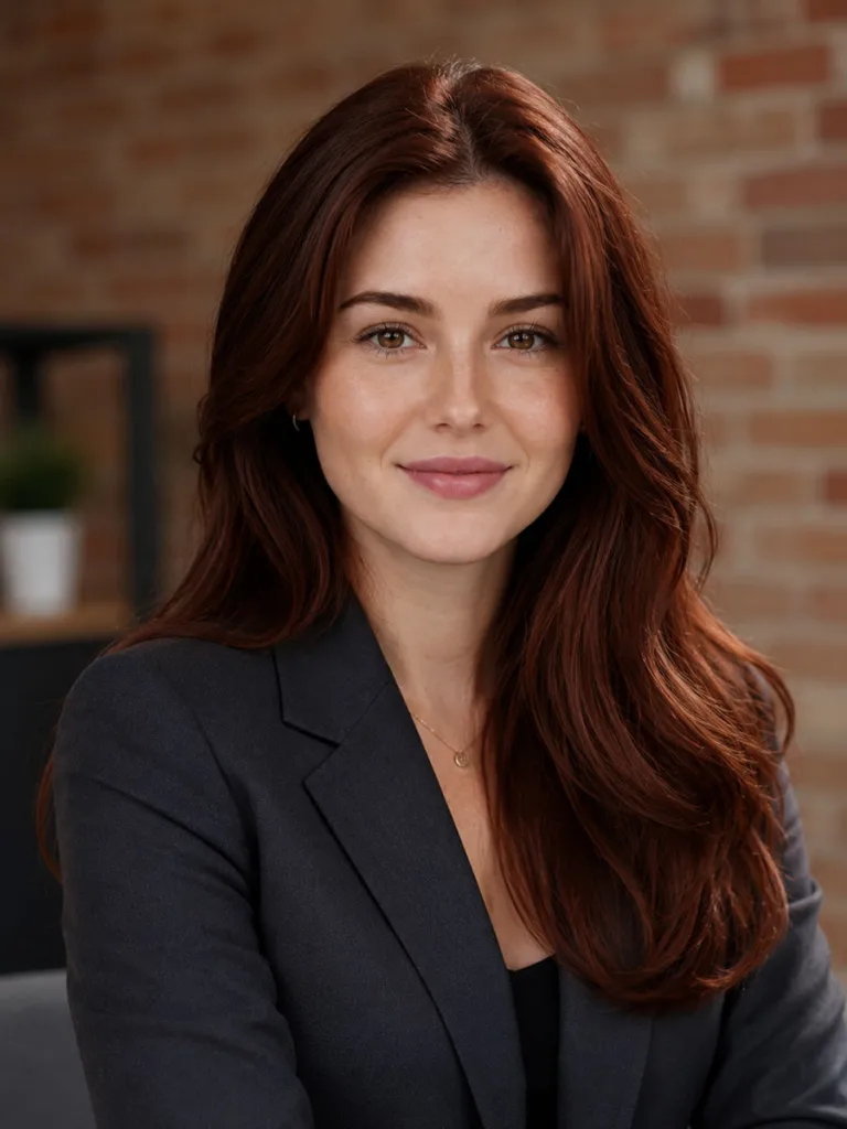 Woman with professional chestnut red hair color in a business setting