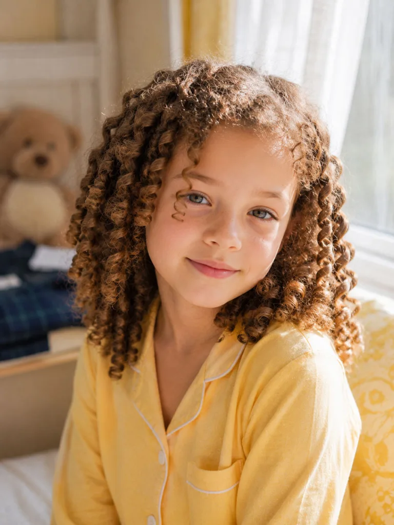 Chunky twist-out curly hairstyle for school photographed by a bedroom window