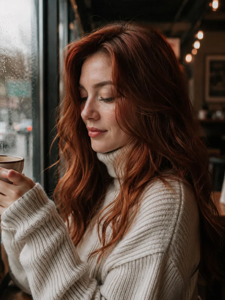 Woman with warm cinnamon spice red hair sitting by a cafe window