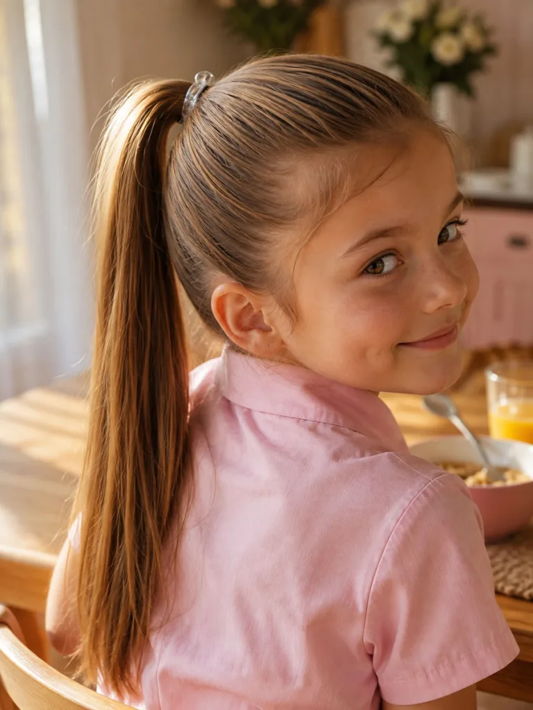 Classic ponytail easy school hairstyle on a girl in a sunny kitchen