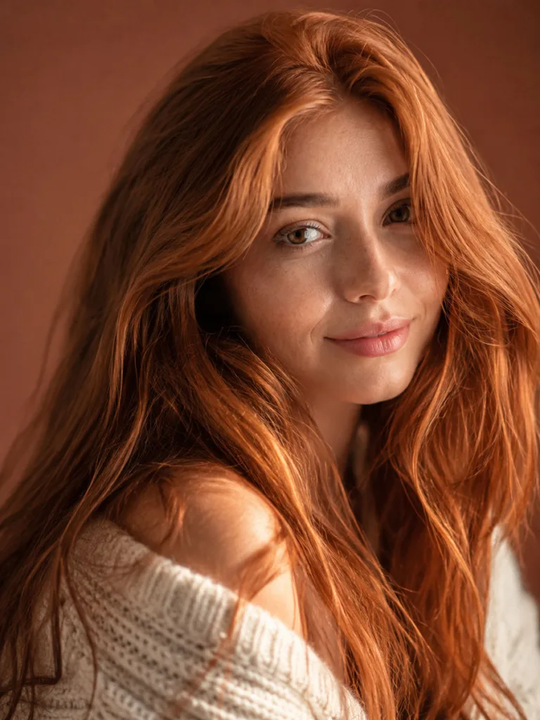 Woman with warm copper fall red hair color in soft studio light